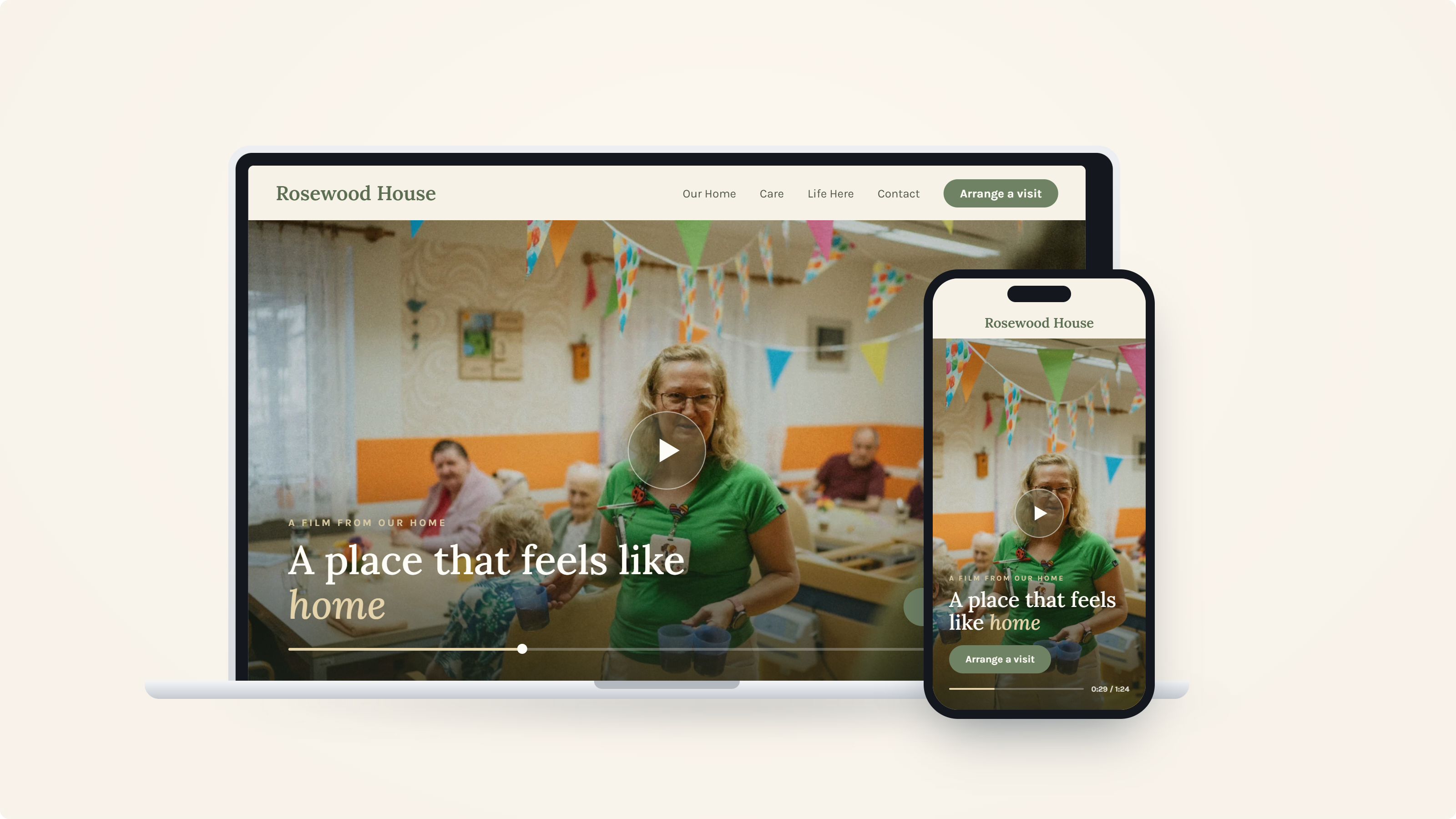 A Heritage-built single care home website on laptop and phone, opening with a full-width cinematic walkthrough film.